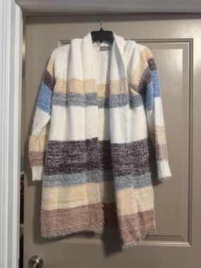 Striped Open-Front Fuzzy Cardigan - Cream with Blue, Gray, Mustard & Taupe